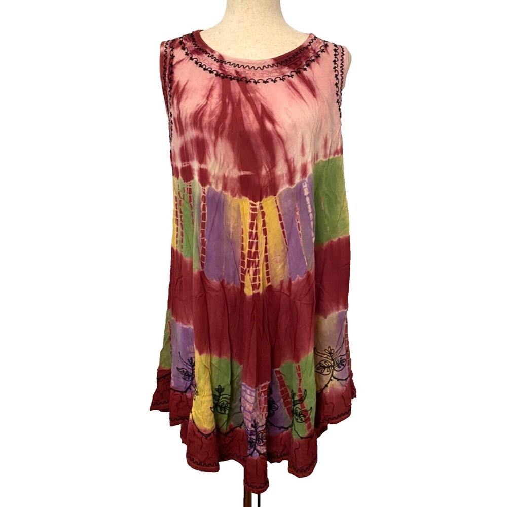 INDIA BOUTIQUE Dress Free Size 100% Rayon Red Colorful Embroidered Boho Hippie